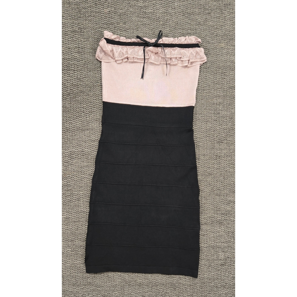 Bebe Pink and Black Ruffled Off-Shoulder Cocktail Dress